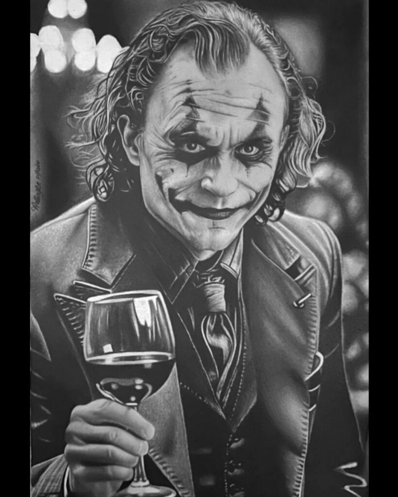 Arte do Coringa feita pelo desenhista Wellington Carlos, ilustrando um desenho realista com fundo