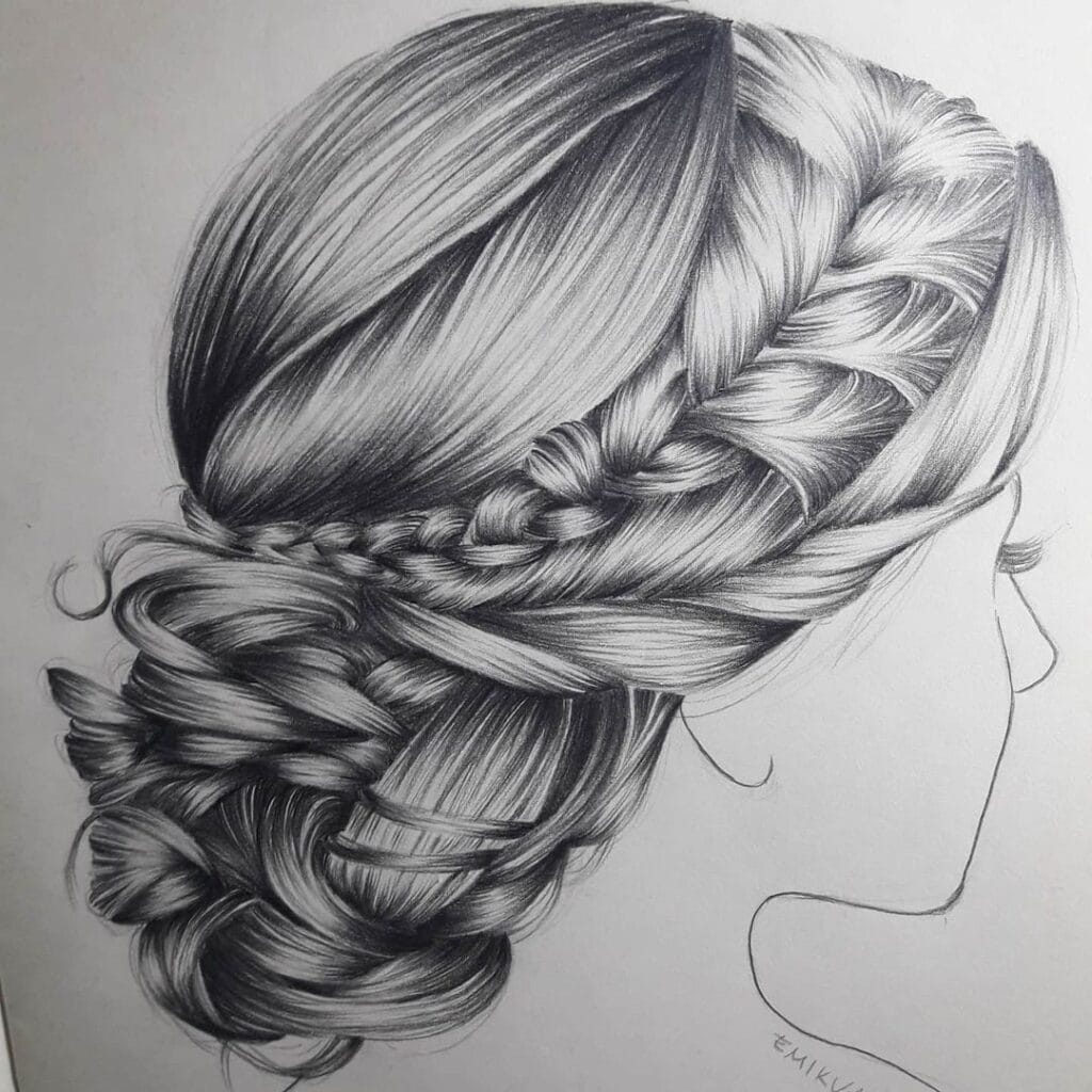 Arte realista de cabelo feminino feito pela desenhista Emikua, ilustrando que precisam estudar o desenho de fios para começarem no realismo.
