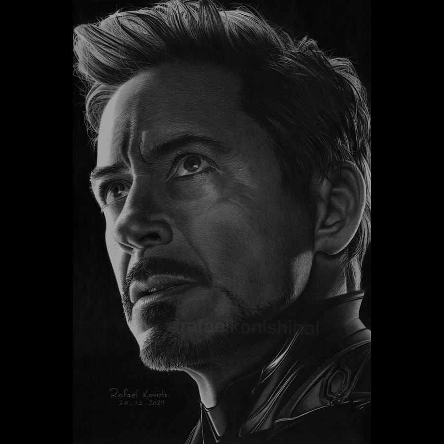 Arte realista do Tony Stark como Homem de Ferro feito pelo desenhista Rafael Konichi, ilustrando o que é um desenho profissional.