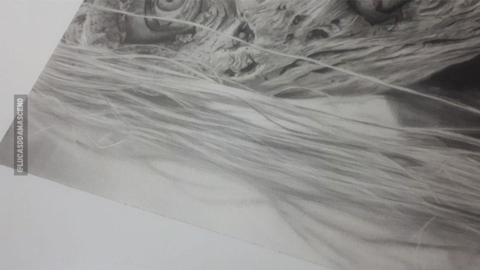 Cabelo realista da Alpha de The Walking Dead, ilustrando que usar a caneta borracha ajuda no efeito de profundidade.