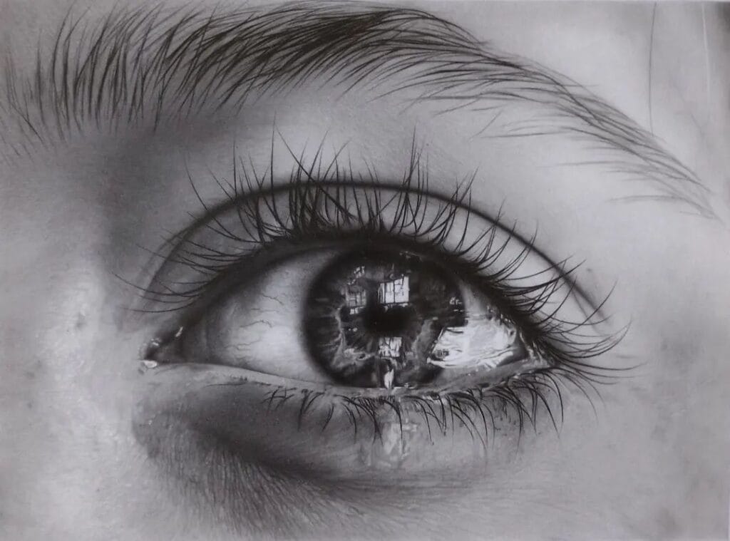 Desenho de um olho realista feito pelo desenhista Dan Pierre, ilustrando que precisar de talento é um mito.