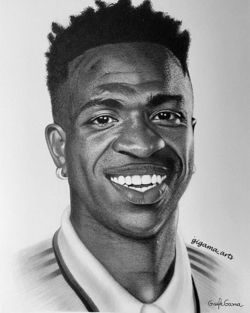 Desenho do Vinicius Júnior feito pela desenhista Gisele Gama, ilustrando a arte realista hoje em dia.