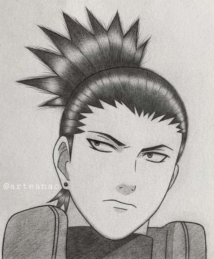 Desenho estilo mangá do Shikamaru Nara feito pela desenhista Ana Carolina, ilustrando essa forma de desenhar.