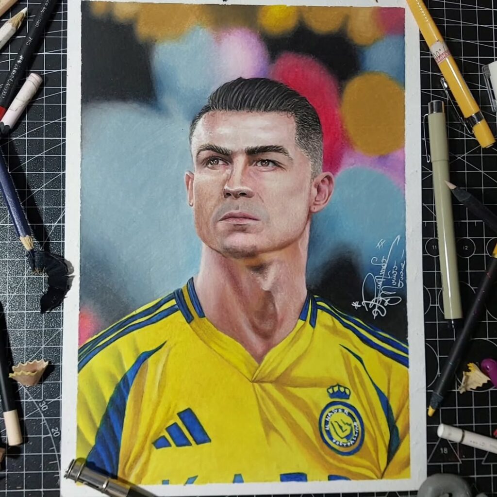 Realistic colorful drawing of Cristiano Ronaldo illustrating one of the best themes to draw