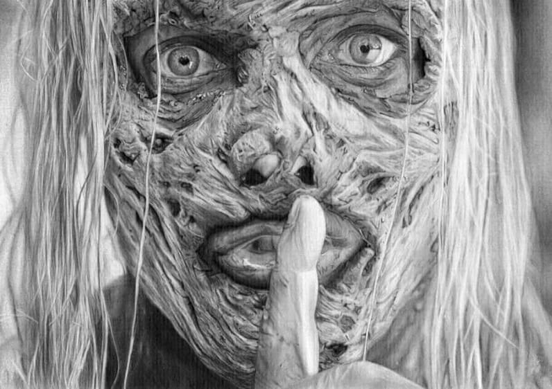 Desenho realista da Alpha da série The Walking Dead, ilustrando o que é um desenhista autodidata.
