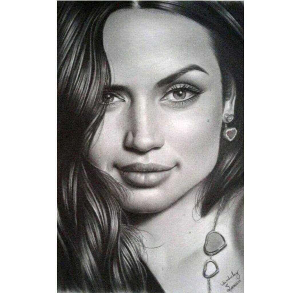 Desenho realista da atriz Ana de Armas feito pelo desenhista Wanderley Soares, ilustrando que o desenvolvimento da paciência é um benefício de desenhar.