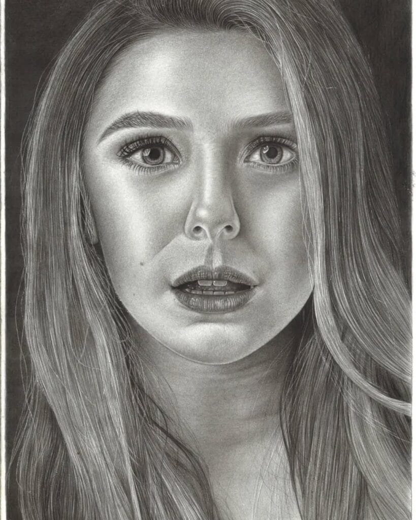Desenho realista da atriz Elizabeth Olsen feito pela desenhista Rachel Motta, ilustrando que desenhos profissionais possuem proporções precisas.