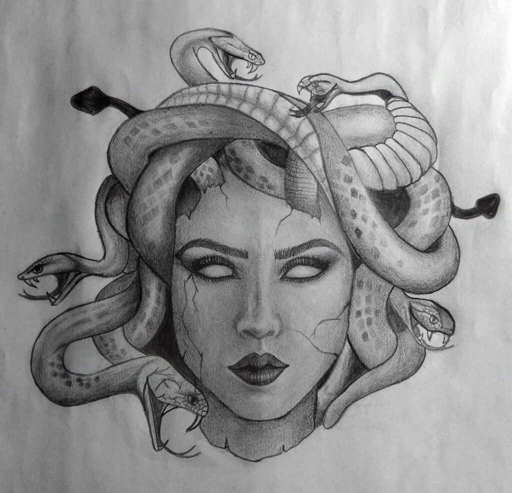 Desenho realista da Medusa feito pela desenhista Andressa Naimaier, ilustrando a Mitologia Grega.