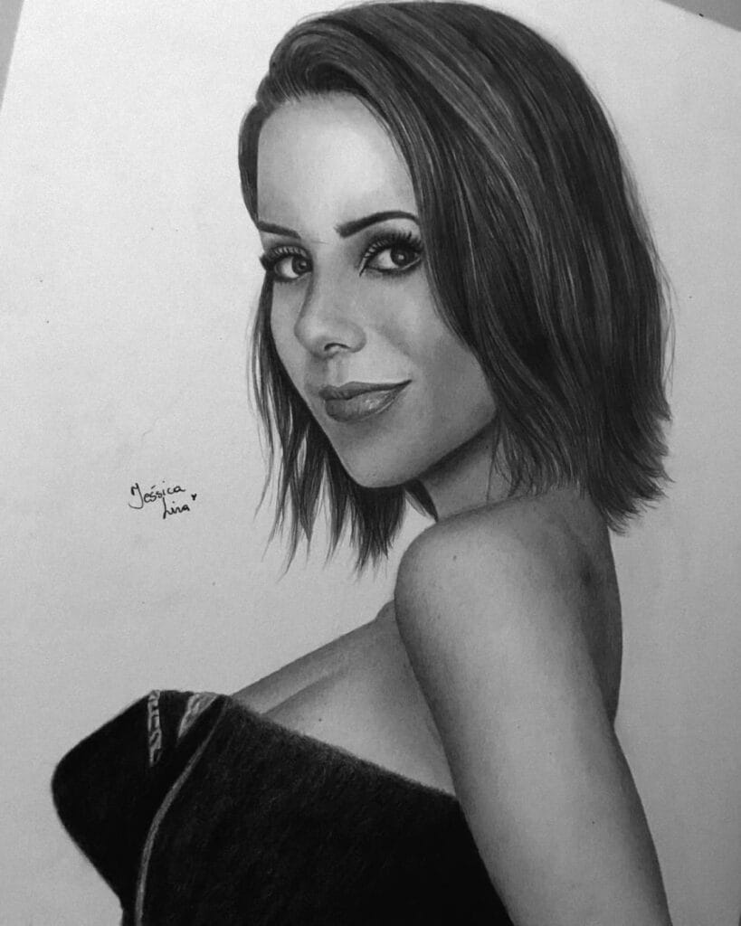 Desenho realista da Sandy feito pela desenhista Jéssica Lira, ilustrando quando começar a praticar os fundamentos.