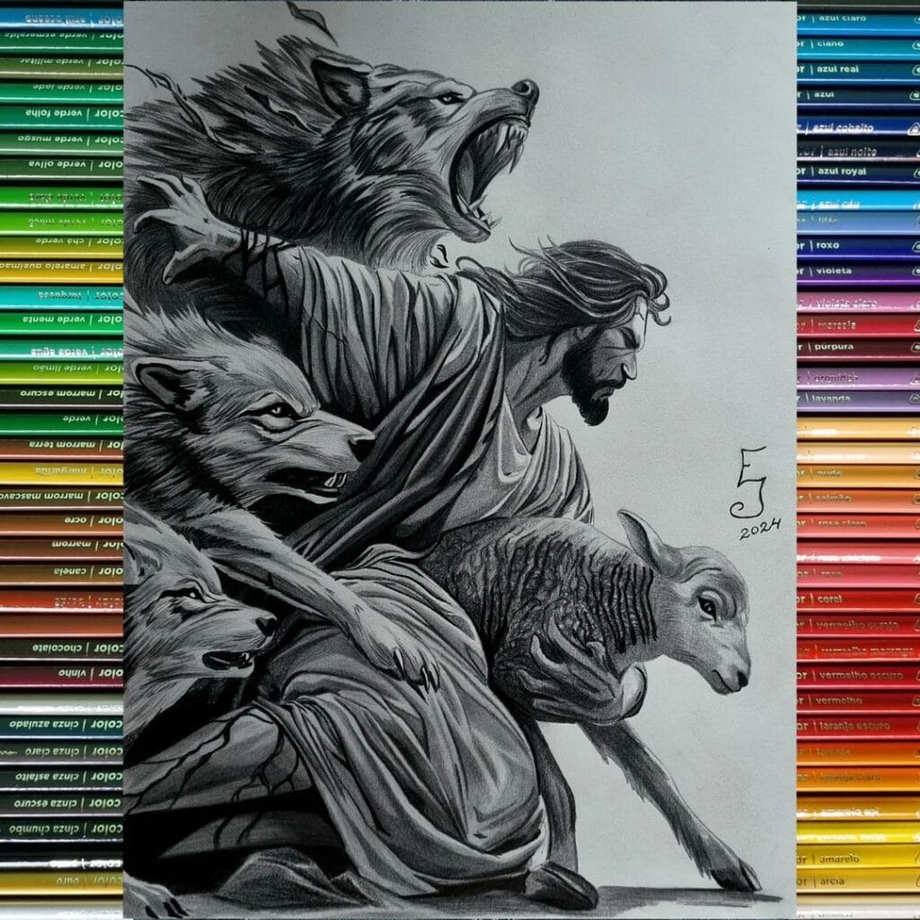 Desenho realista de Jesus Cristo defendendo suas ovelhas de lobos feito pelo desenhista Eduardo Almeida, ilustrando que desenhar ajuda a se expressar.