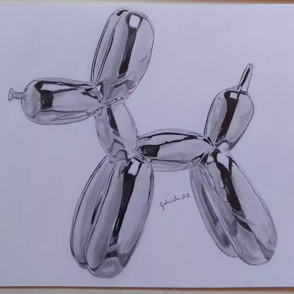 Desenho realista de um cachorro de balão feito pela desenhista Gabriela Duarte, ilustrando a importância do domínio das técnicas de sombreamento.