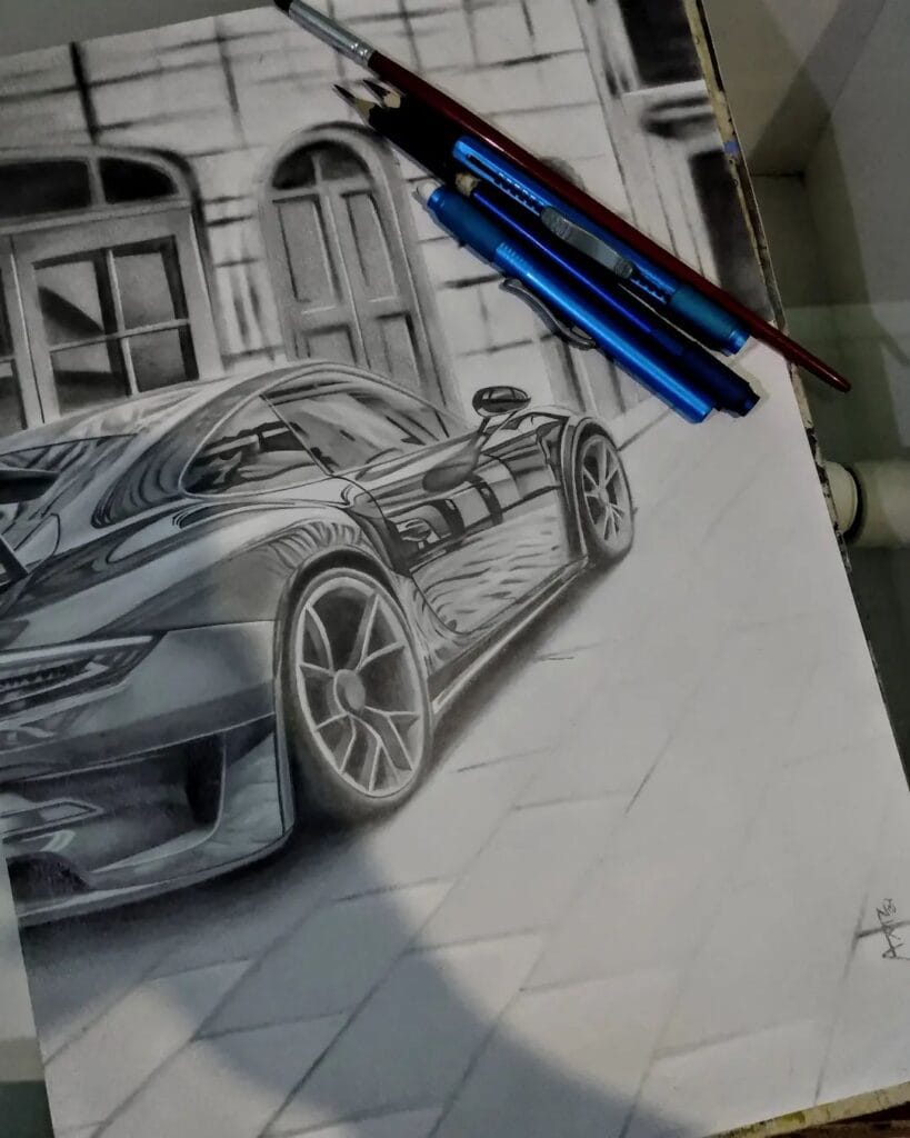 Desenho realista de um carro numa rua feito pelo desenhista Gabriel Feliciano, ilustrando o fundamento da perspectiva.