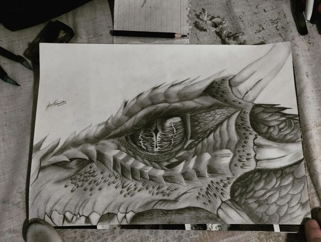 Desenho realista de um dragão feito pelo desenhista Blackwhiteart, ilustrando o tema Dragões.