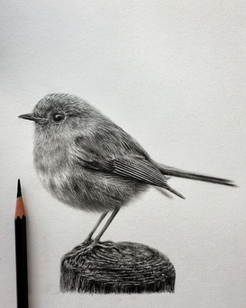 Desenho realista de um passarinho feito pela desenhista Bethany Vere, ilustrando a importância de se desafiarem para manterem a motivação em desenhar.