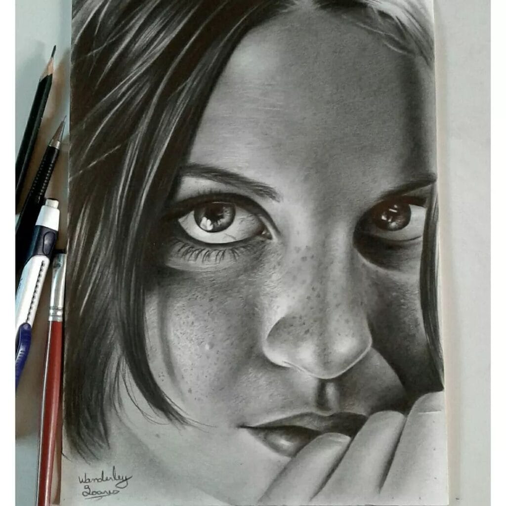 Desenho realista de um rosto feminino feito pelo desenhista Wanderley Soares, ilustrando que um dos benefícios de desenhar é melhorar nossa habilidade técnica.