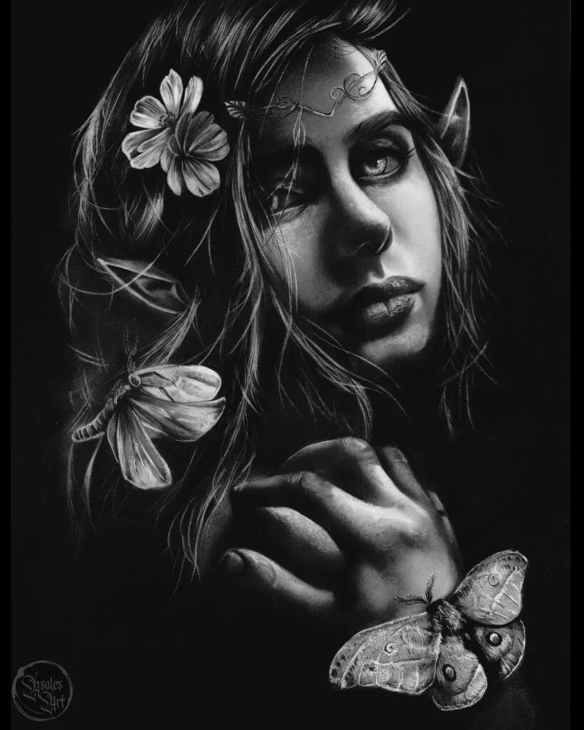 Desenho realista de uma elfa com flores e insetos feito pelo desenhista Rodrigo Sales, ilustrando o fundamento da composição.