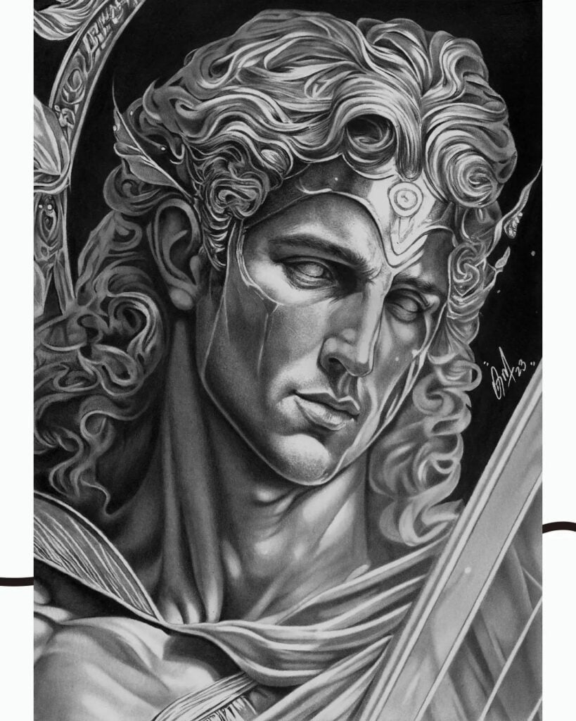 Desenho realista de uma estátua feito pelo desenhista Odirlei Melchol, ilustrando Estátuas como um dos temas para desenhar.