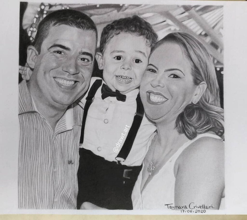 Desenho realista de uma família feito pela desenhista Taynara Crivellari, ilustrando a ideia de desenhar famílias.