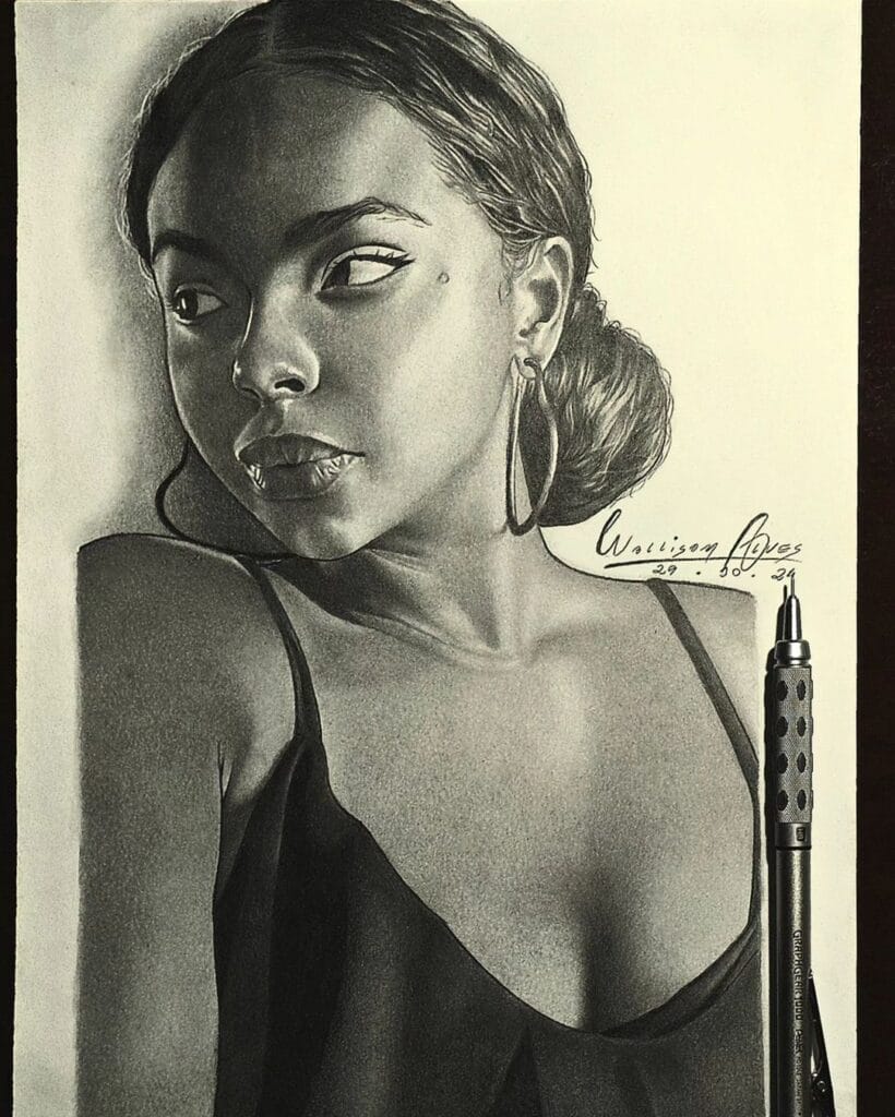 Desenho realista de uma mulher feito pelo desenhista Wallison Alves, ilustrando que desenhar melhora nossa observação de detalhes.