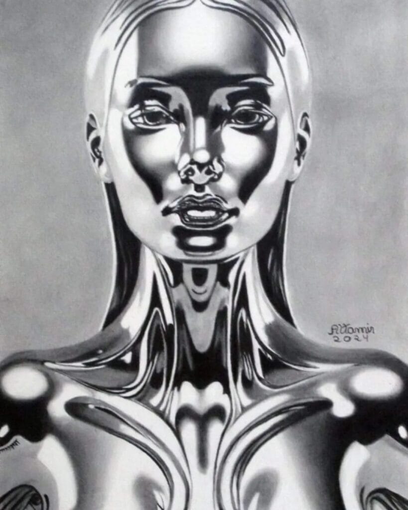 Desenho realista de uma mulher prateada feito pelo desenhista Altamir Rodrigues, ilustrando que não existe idade limite para desenhar.