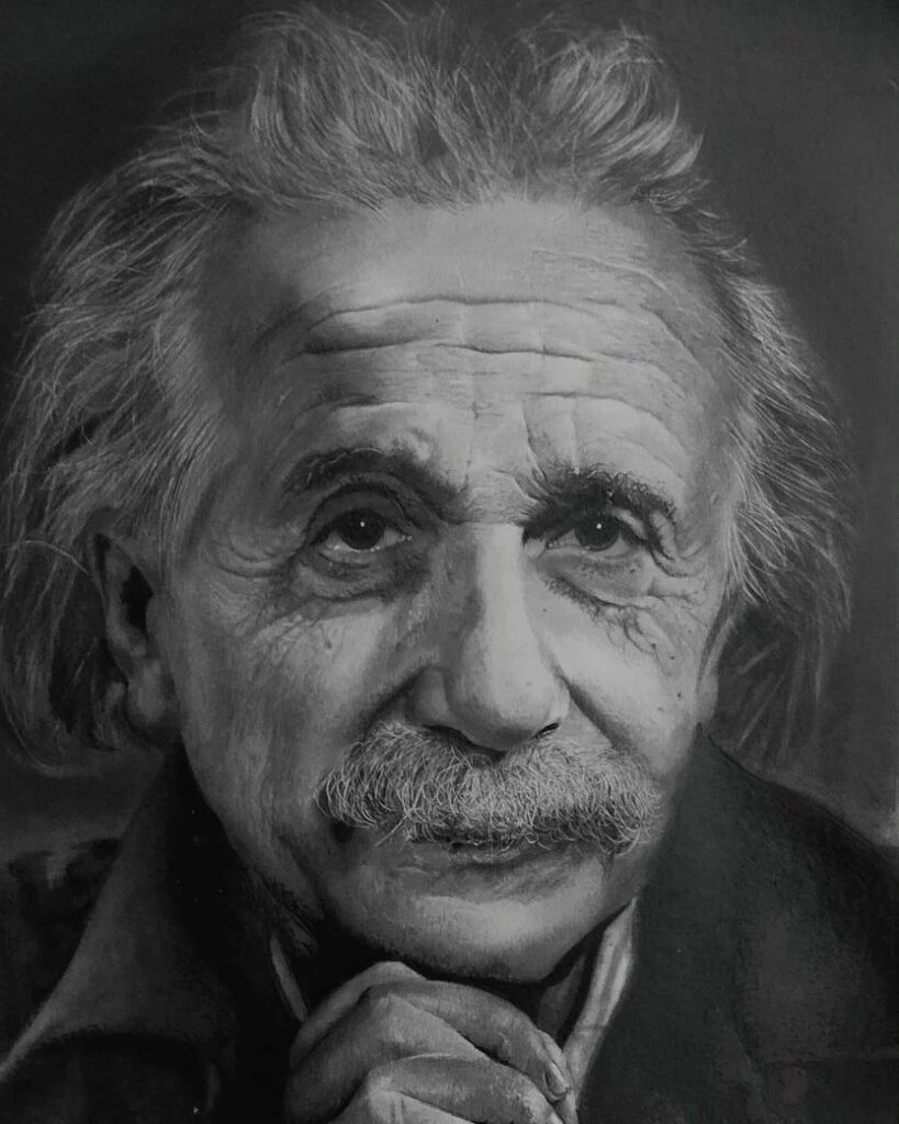 Desenho realista do Albert Einstein feito pelo desenhista Nilson Artes, ilustrando que desenhar é mais fácil do que parece.