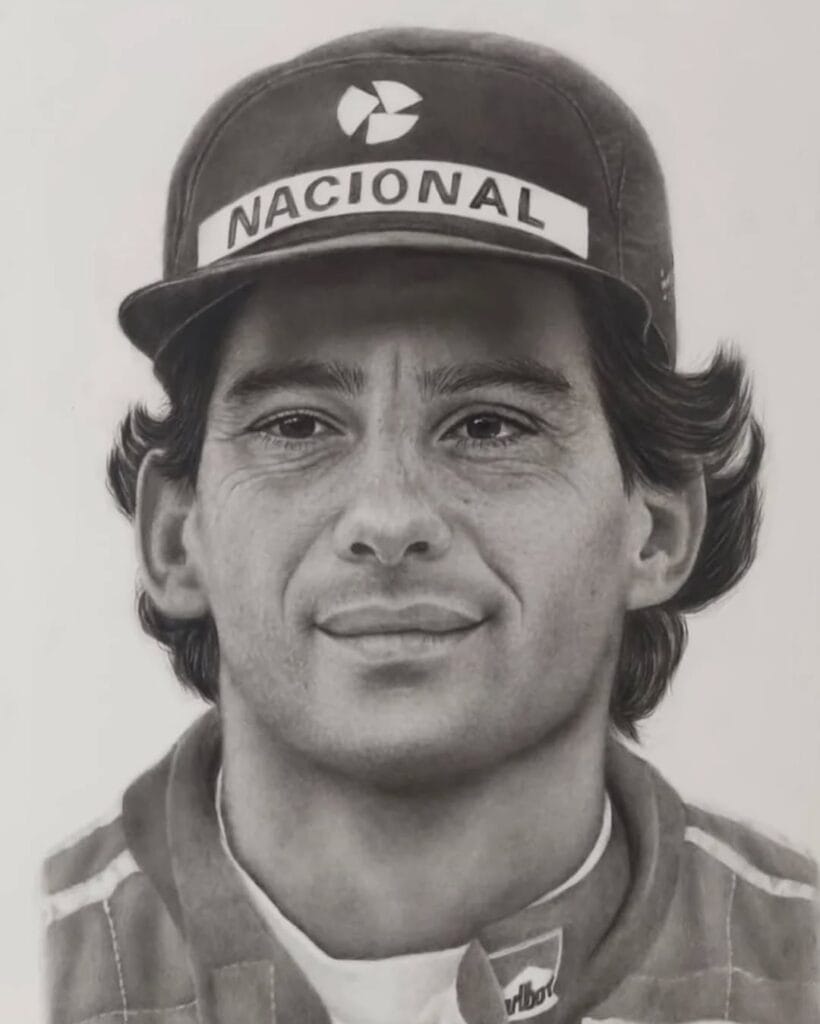 Desenho realista do Ayrton Senna feito pelo desenhista Givanildo Cardoso, ilustrando que ter paciência ajuda a fazer desenhos mais profissionais.
