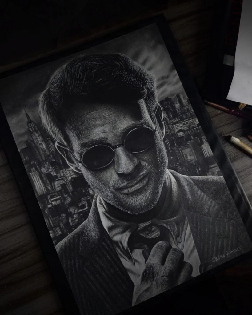 Desenho realista do Demolidor feito pelo desenhista Rafael Melo, ilustrando o que significa desenhar bem.
