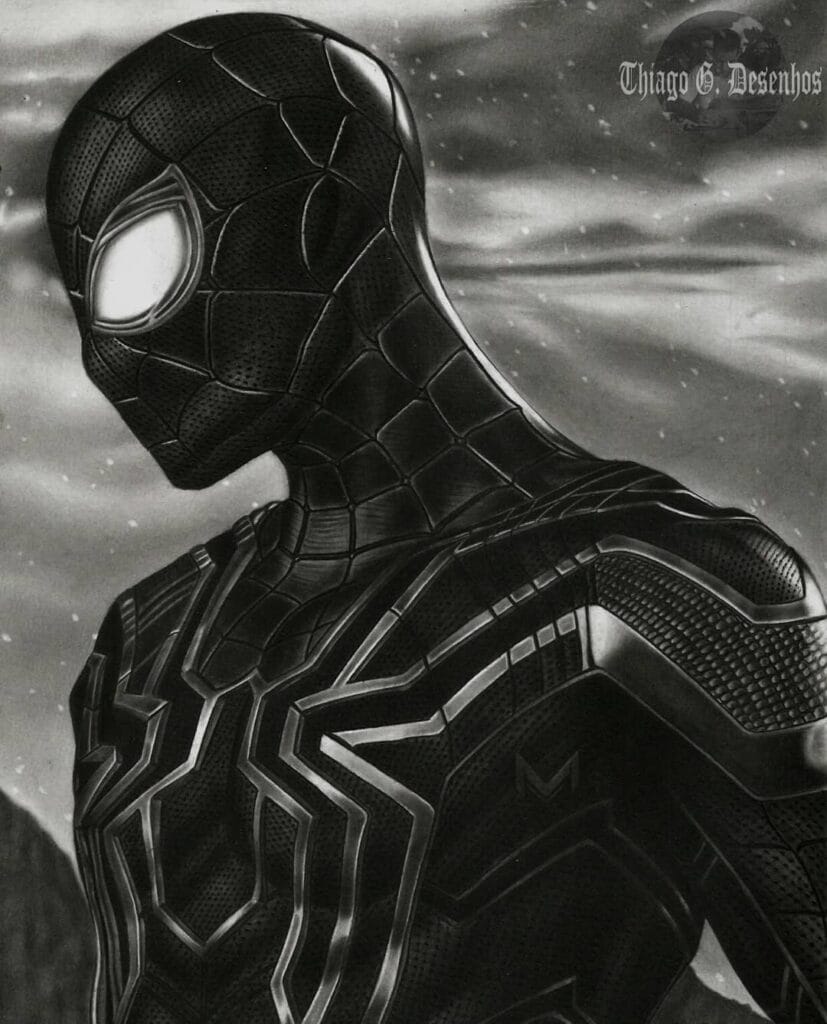 Desenho realista do Homem Aranha feito pelo desenhista Thiago Silva, ilustrando a dica de começarem copiando.