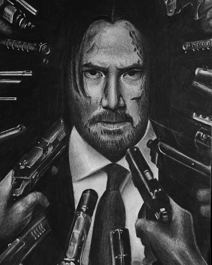 Desenho realista do John Wick feito pela desenhista Evelyn Oliveira, ilustrando a escolha do que mais gostam para terem inspiração para desenhar.