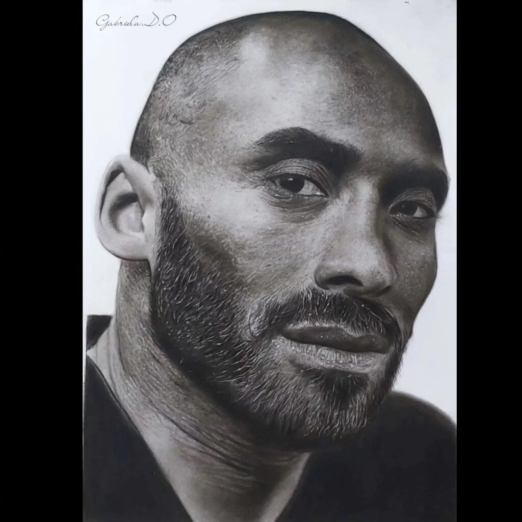 Desenho realista do Kobe Bryant feito pela desenhista Gabriela Duarte, ilustrando a importância de dominar as proporções para desenhar bem.
