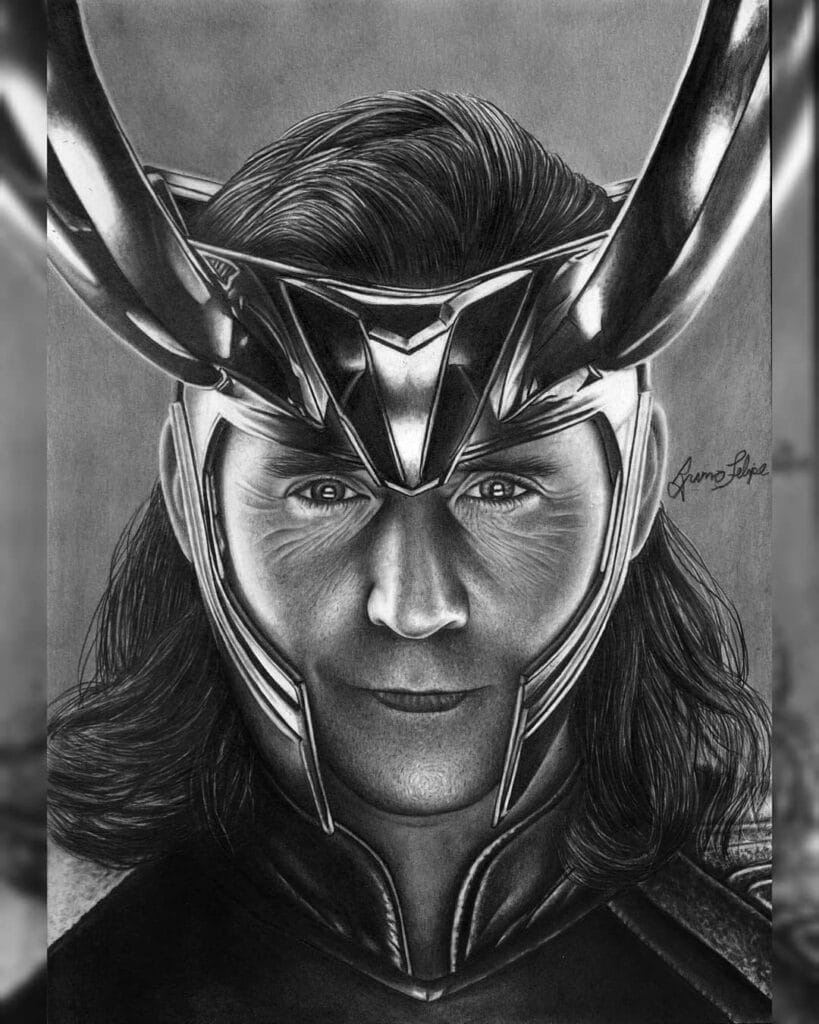 Desenho realista do Loki feito pelo desenhista Bruno Felipe, ilustrando o fundamento da proporção.