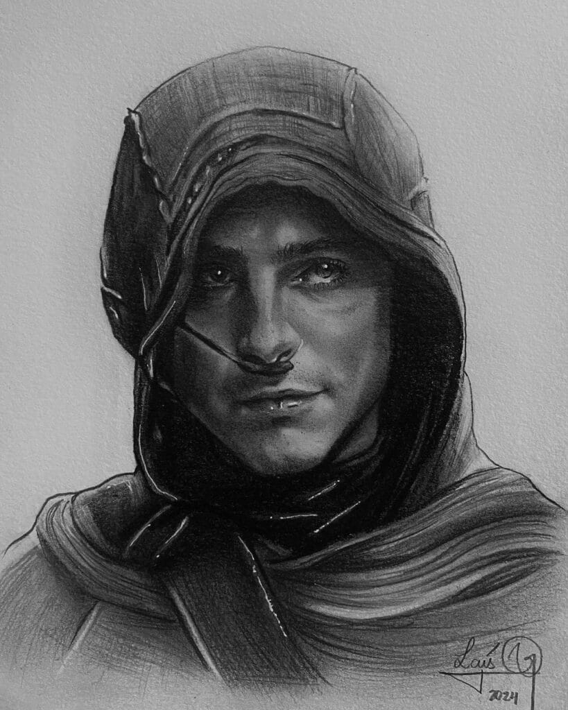 Desenho realista do Paul Atreides do filme Duna feito pela desenhista Laís Granziera, ilustrando a dica de organizar bem a arte no papel.