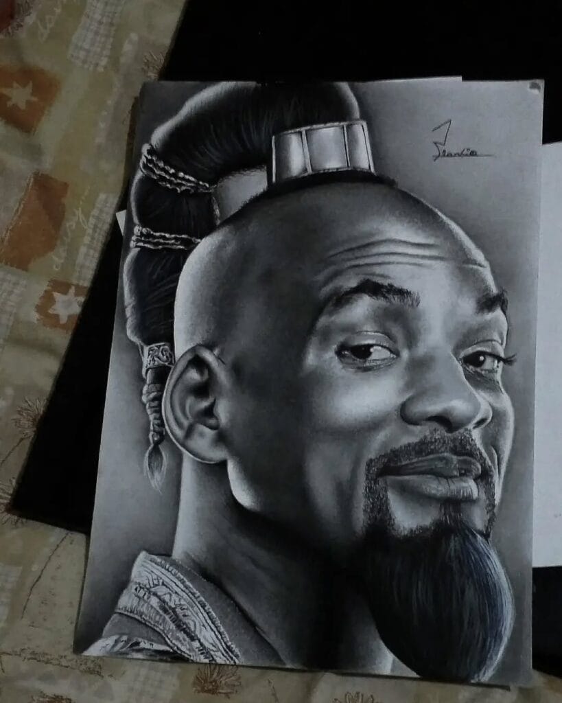 Desenho realista do Will Smith como Gênio no filme Aladdin feito pelo desenhista Flavio Machado, ilustrando a importância do sombreamento.