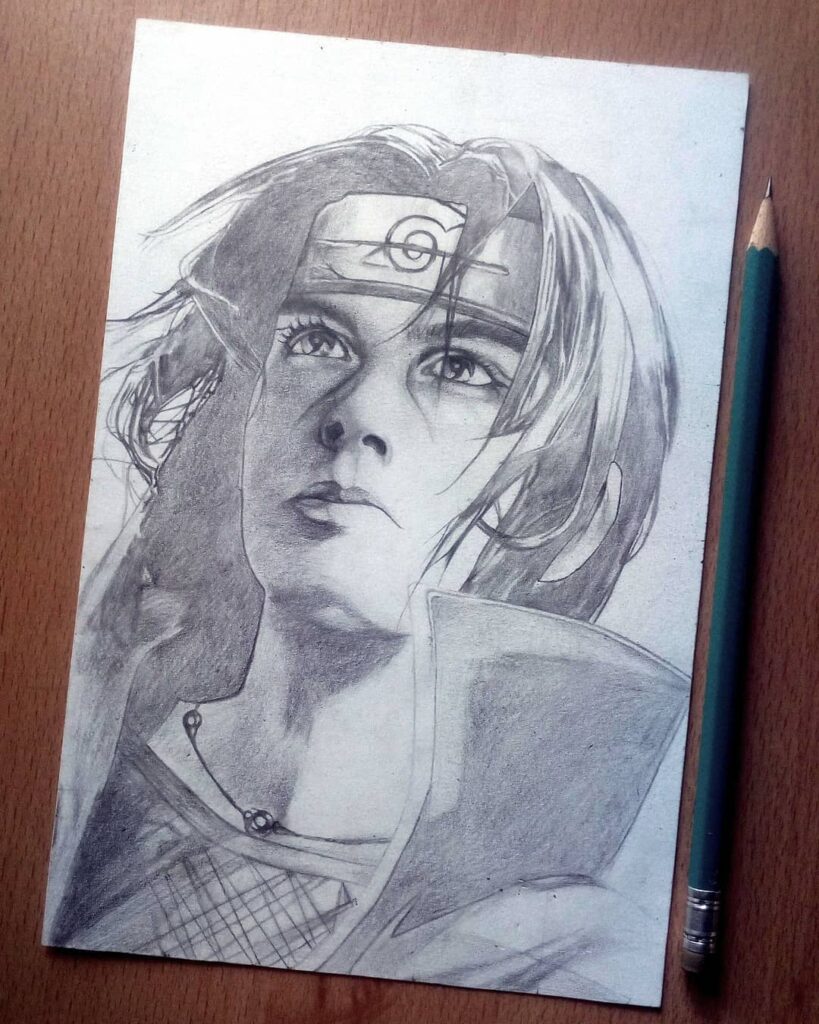 Desenho semi-realista do Itachi Uchiha feito pelo desenhista Maiker Torin, ilustrando o tema Animes na vida real.