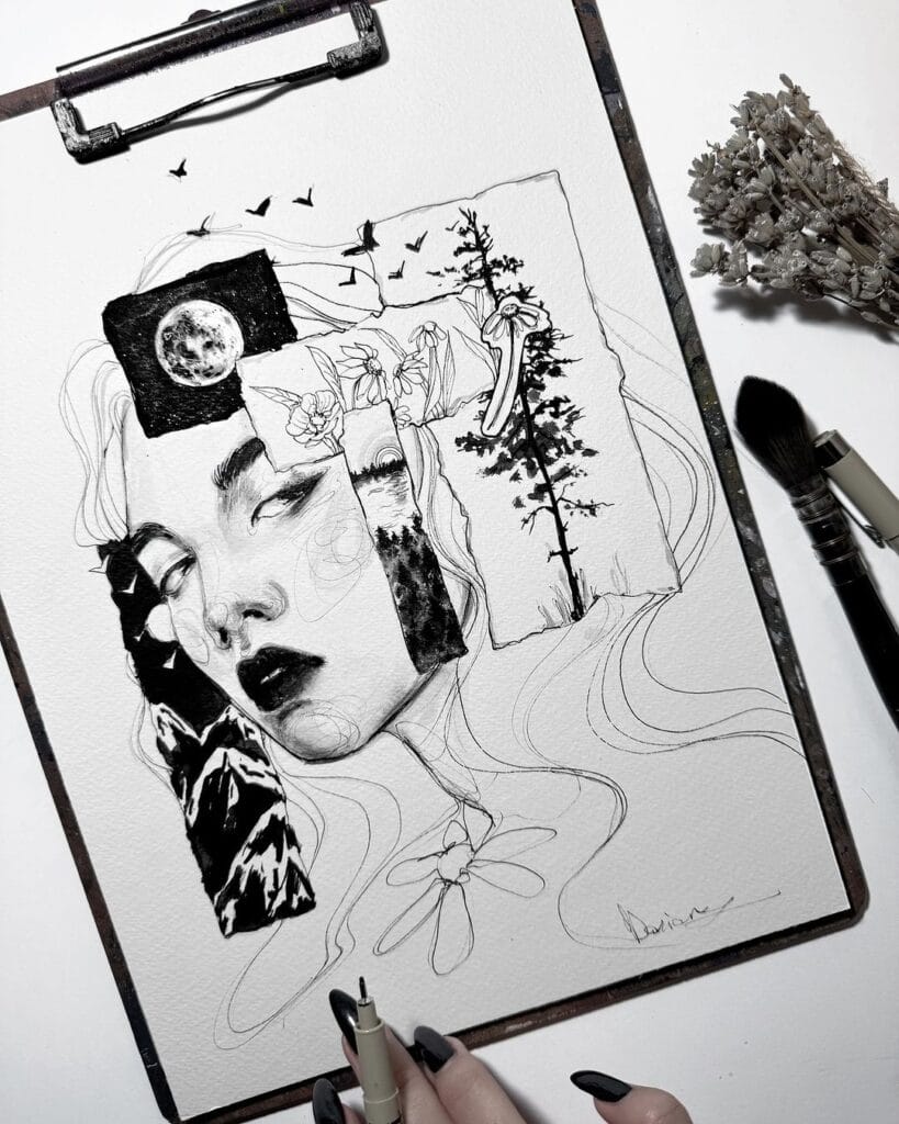 Desenho surrealista feito pela desenhista Xxdoriana, ilustrando a dica de explorarem novas fontes de renda desenhando.