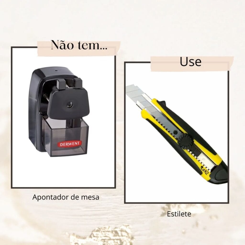 Dica sobre a possibilidade de substituir um apontador de mesa por um estilete feita pelo desenhista Carlos Santana, ilustrando que podem ensinar.