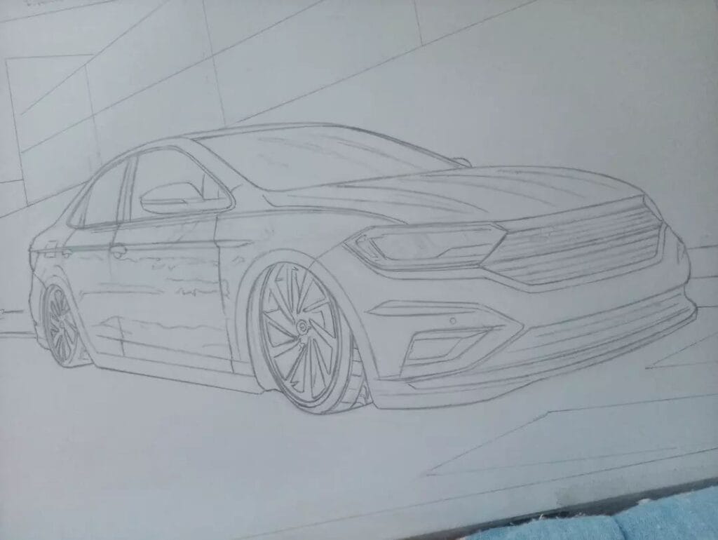 Esboço do desenho realista de um carro feito pelo desenhista Alessandro Xavier, ilustrando a importância de começar pelo básico.