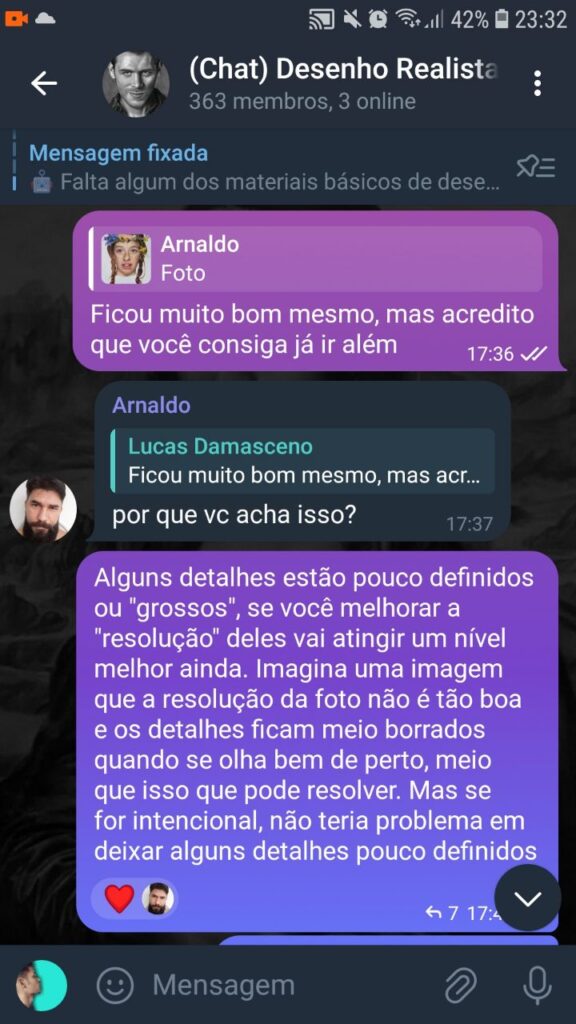 Print de uma avaliação de desenho em grupo, ilustrando a importância de pedir avaliações.