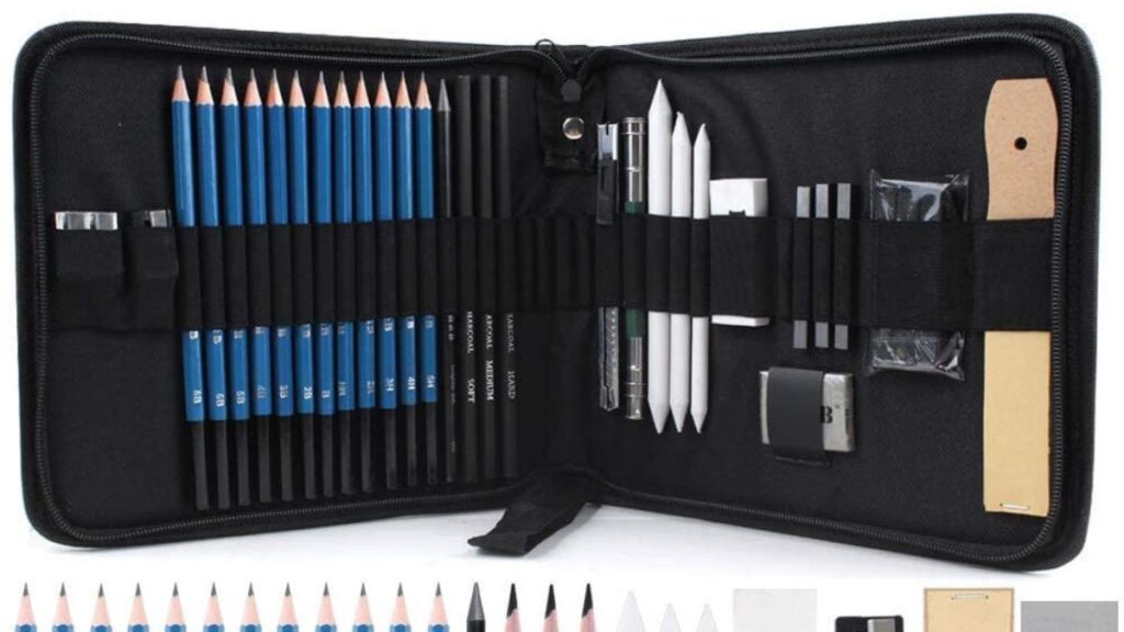 Um estojo com várias ferramentas para desenhistas, ilustrando materiais para desenhos realistas.