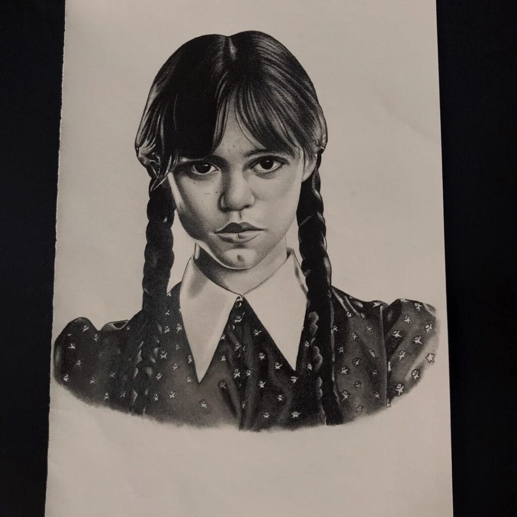 Desenho realista da Wandinha feito pelo desenhista Alairson Oliveira.