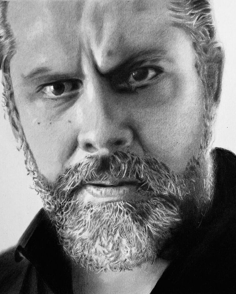Desenho do ator Rui Melo feito pelo artista Pedro Martins, ilustrando o que é um desenhista realista.