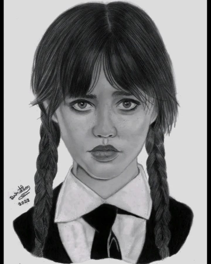 Desenho realista da Wandinha feito pelo desenhista Dionathan Borges.