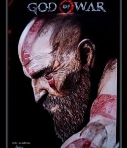 Desenho realista do Kratos de lado em fundo preto feito pela desenhista Ágatha.