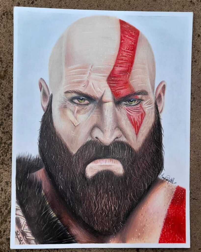 Outra versão do desenho realista da pose icônica do Kratos nos jogos atuais, agora feita pela desenhista Morgana Capeletti.
