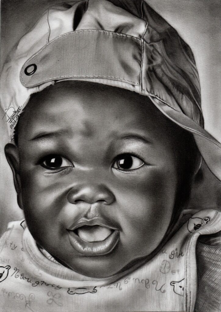 Arte de um bebê, ilustrando como um desenho realista fica quando pronto