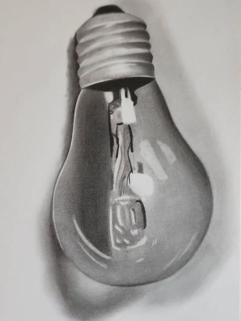 Desenho realista de uma lâmpada feito pelo desenhista Sobral, ilustrando uma arte de objeto.
