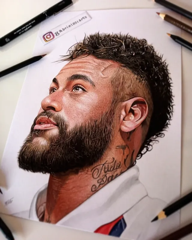Colorful realistic art of Neymar illustrating drawings of football players
