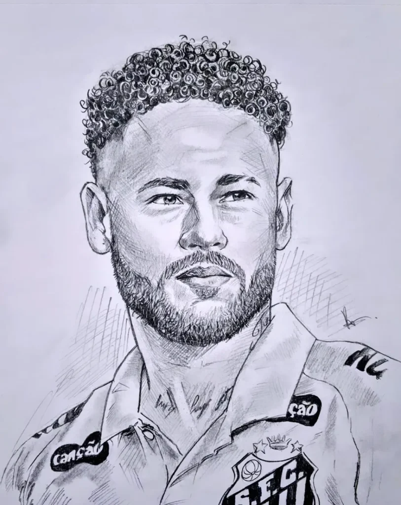 Desenho em preto e branco do Neymar com a camisa do Santos feito pelo desenhista Reydem Barreto