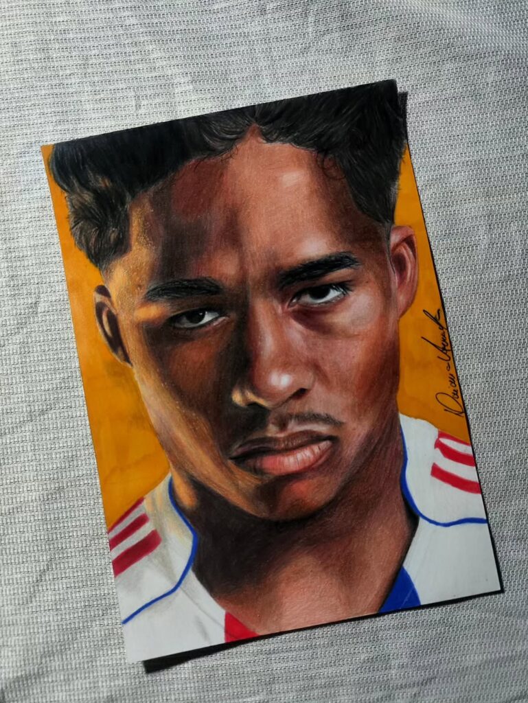 Desenho realista colorido do Endrick com a camisa do Lyon