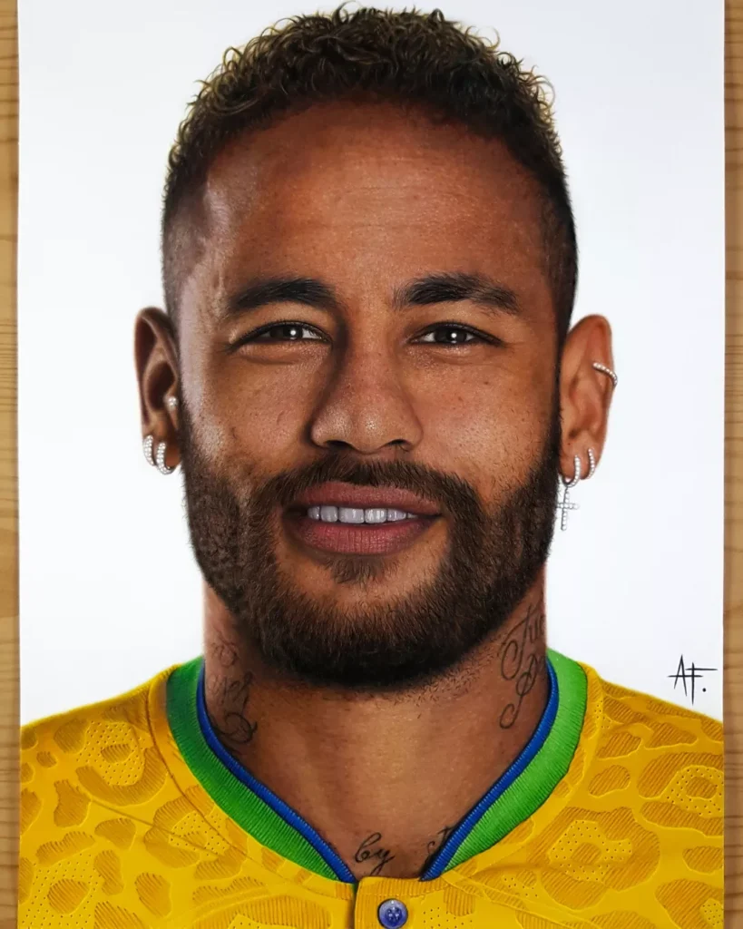 Desenho realista colorido do Neymar com a camisa da Seleção Brasileira em fundo branco feito pelo desenhista Anderson Frateschi